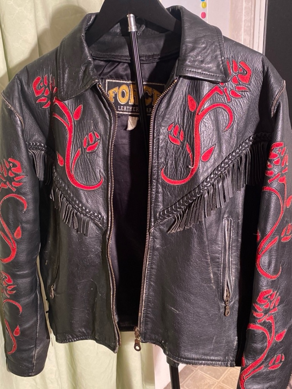 Vintage Force Leather Black Leather Jacket with Red Floral Appliqué